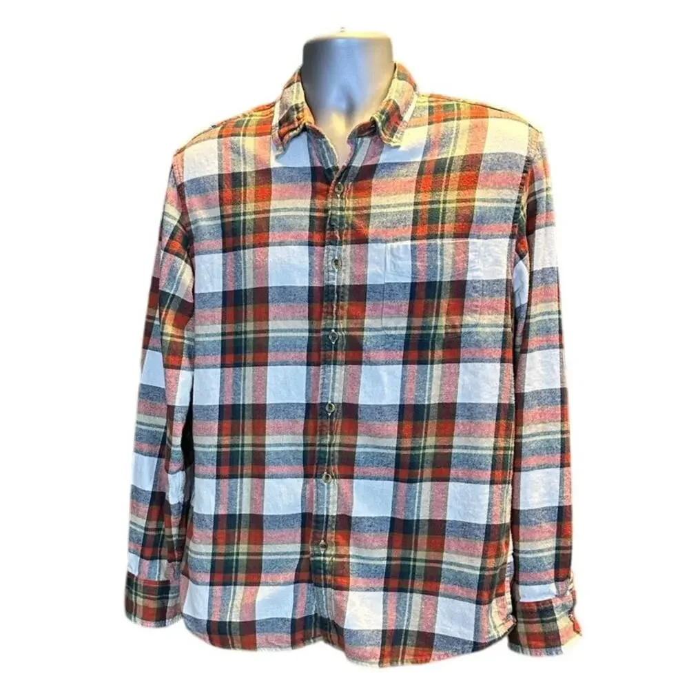 J.Crew Men’s Large Plaid Flannel Shirt Red Blue Cream 100% Cotton Button Down